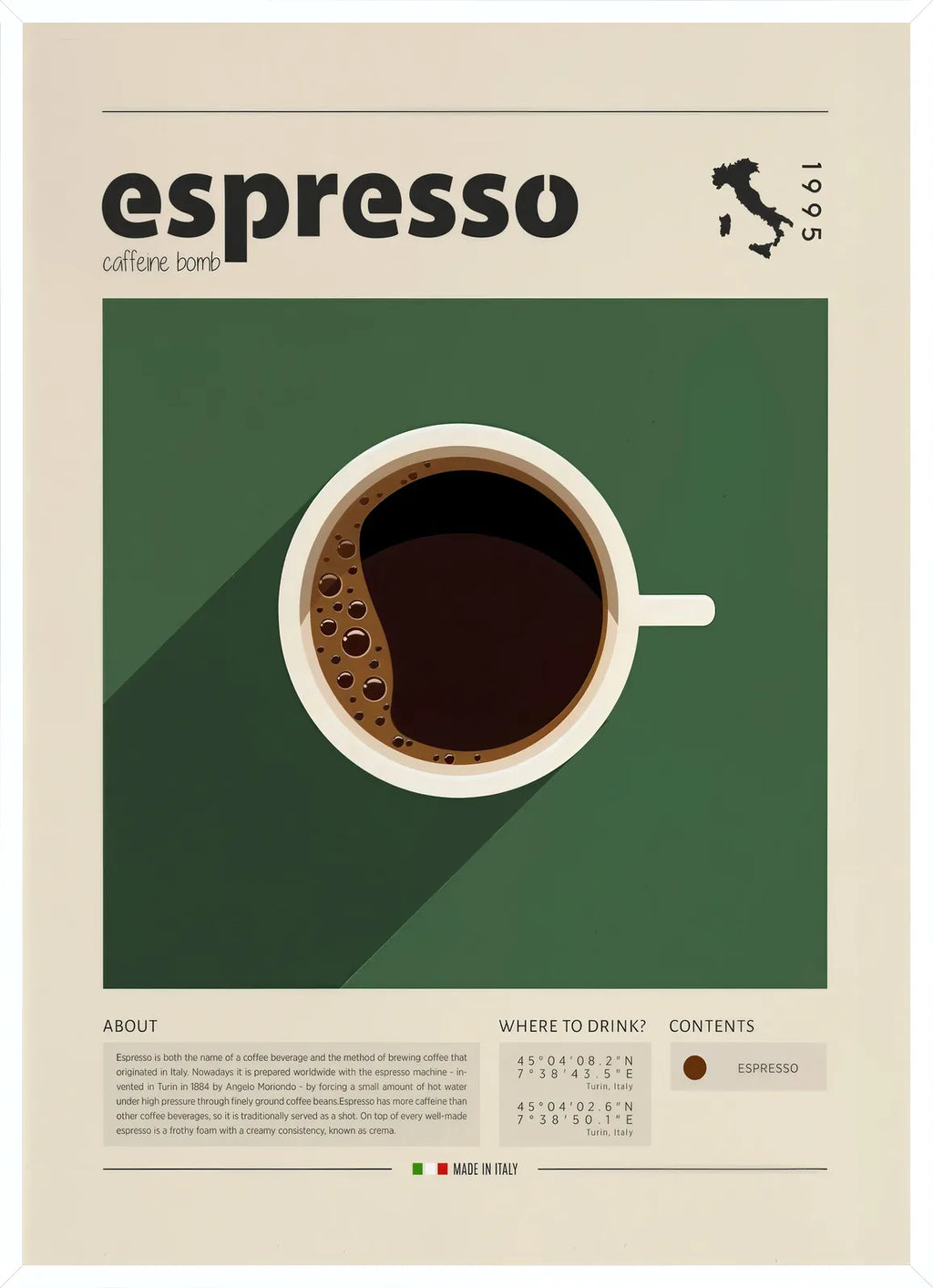 Présentée en cadre noir mat la tasse d'espresso, contraste fort entre vert et blanc cassé