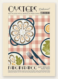 Affiche huitres retro, plateau de coquillages et citron sur nappe vichy rose