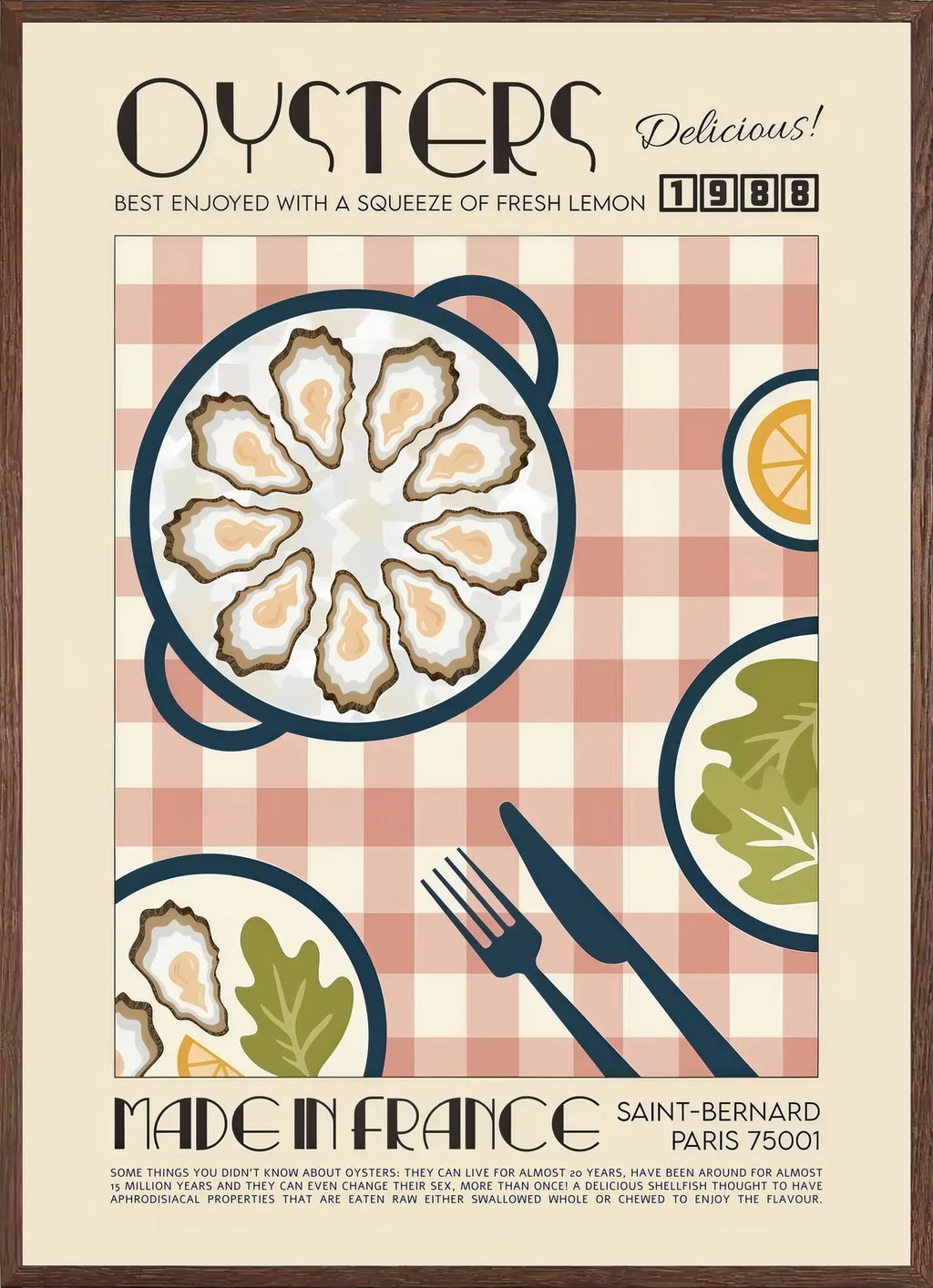 Cadre chene clair entourant l'affiche huitres cuisine fruits de mer