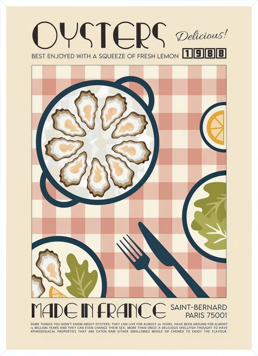 Cadre blanc epure presentant l'affiche huitres retro
