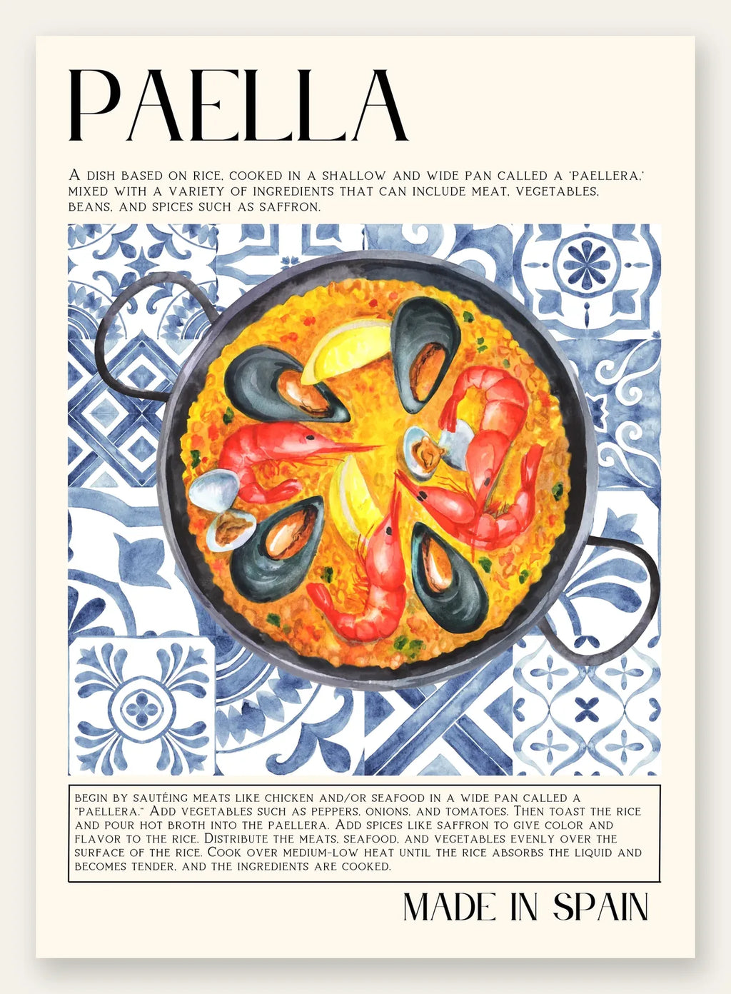 Affiche paella aquarelle, pan de riz safran aux fruits de mer et motifs azulejo sur fond creme