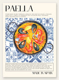 Affiche paella aquarelle, pan de riz safran aux fruits de mer et motifs azulejo sur fond creme