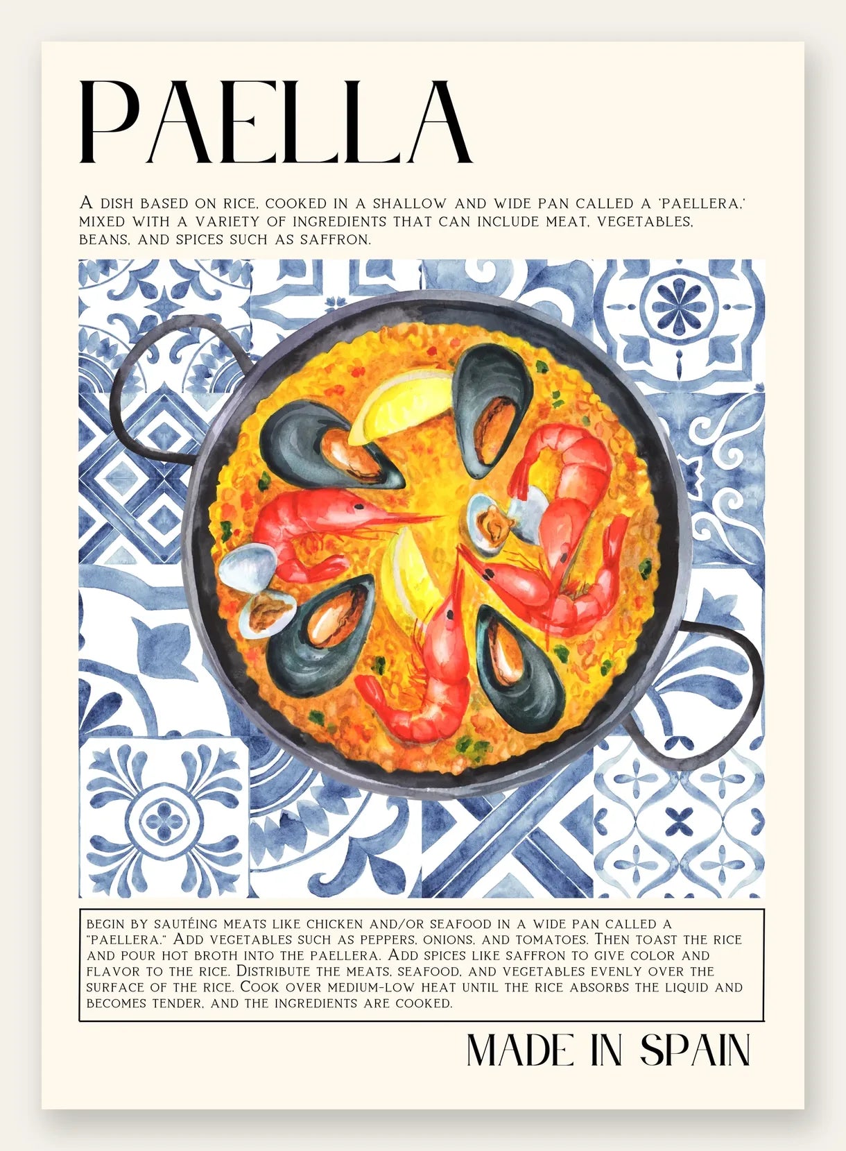 Affiche paella aquarelle, pan de riz safran aux fruits de mer et motifs azulejo sur fond creme