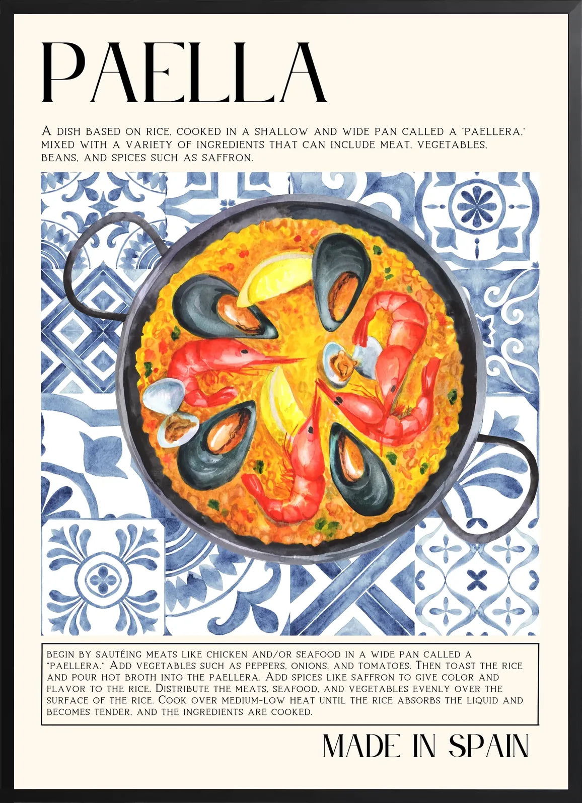 Encadrement noir mat autour de l'affiche paella safran et azulejo
