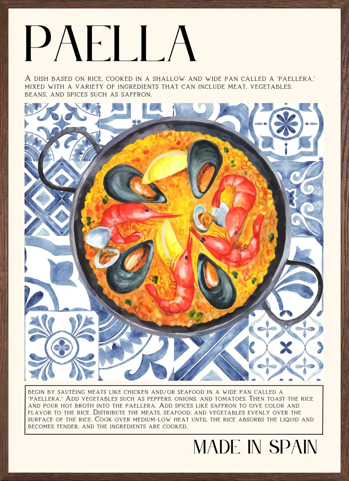 Cadre chene clair entourant l'affiche Paella Made in Spain aquarelle