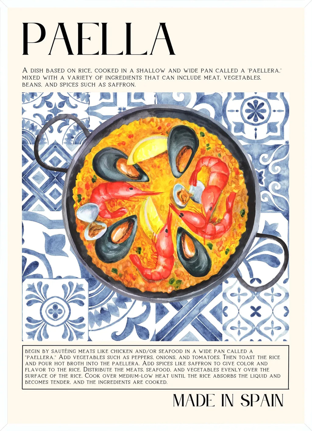 Cadre blanc epure presentant l'affiche Paella Espagne aquarelle