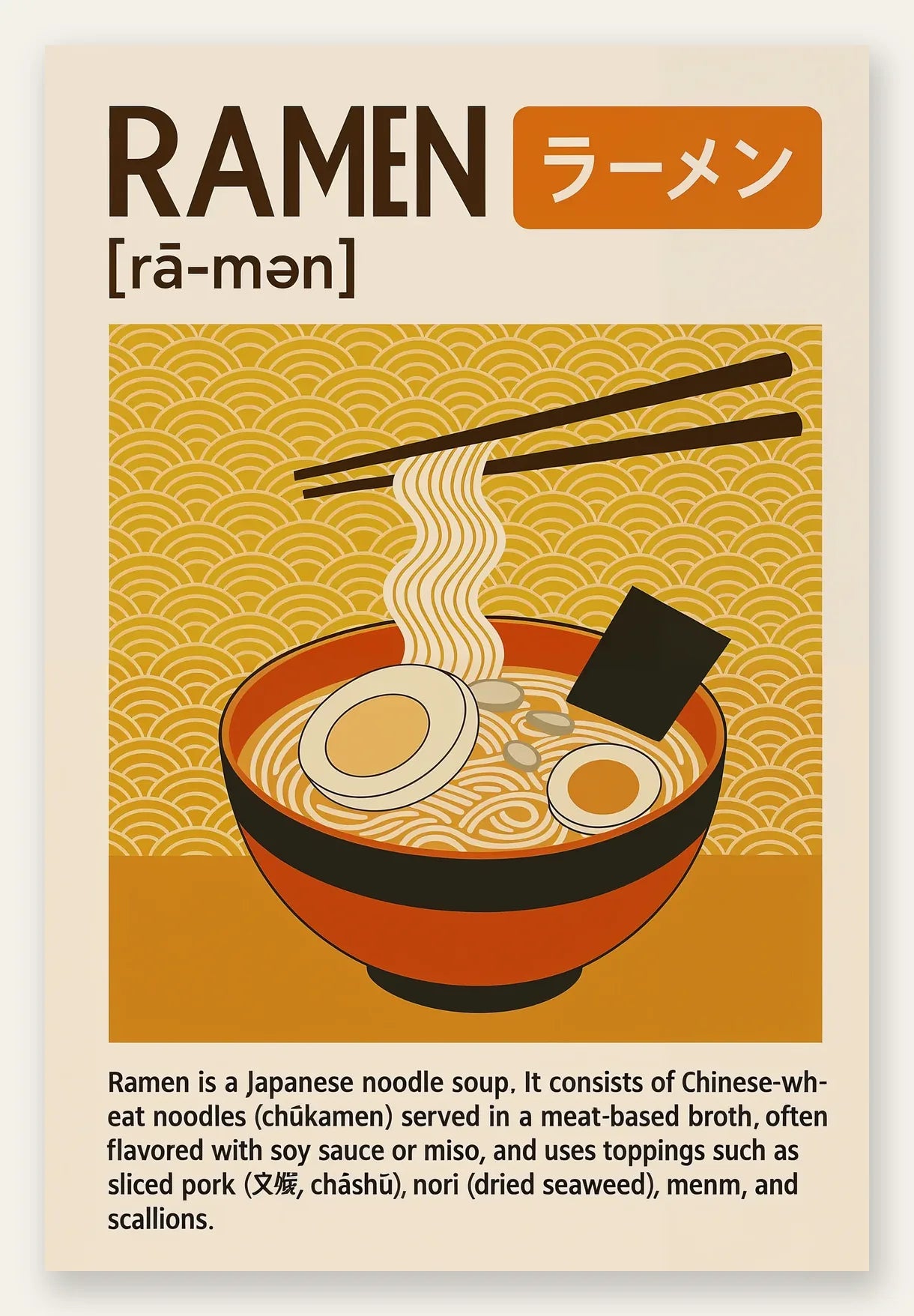 Affiche ramen cuisine, bol japonais fumant et baguettes sur fond jaune seigaiha