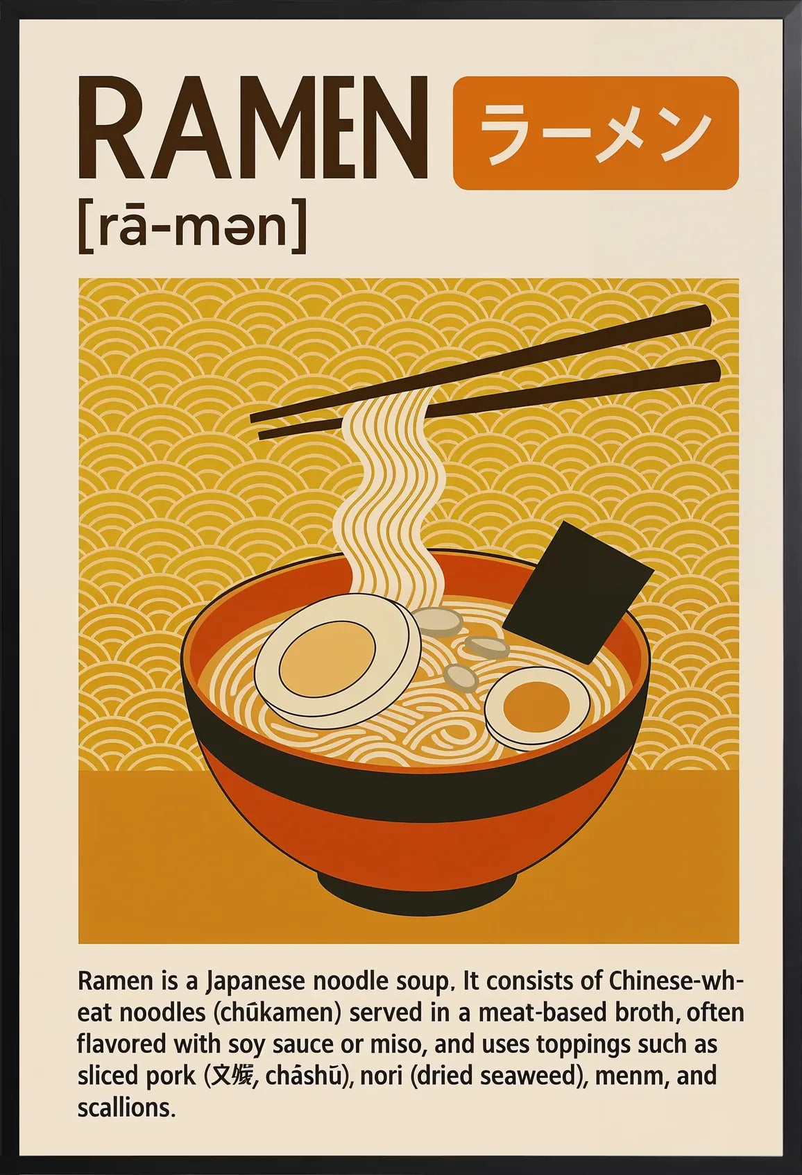 Encadrement noir mat autour du bol de ramen et des baguettes