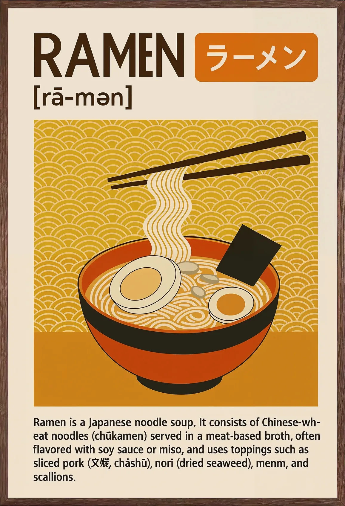 Cadre chene clair entourant l'affiche ramen japonais cuisine