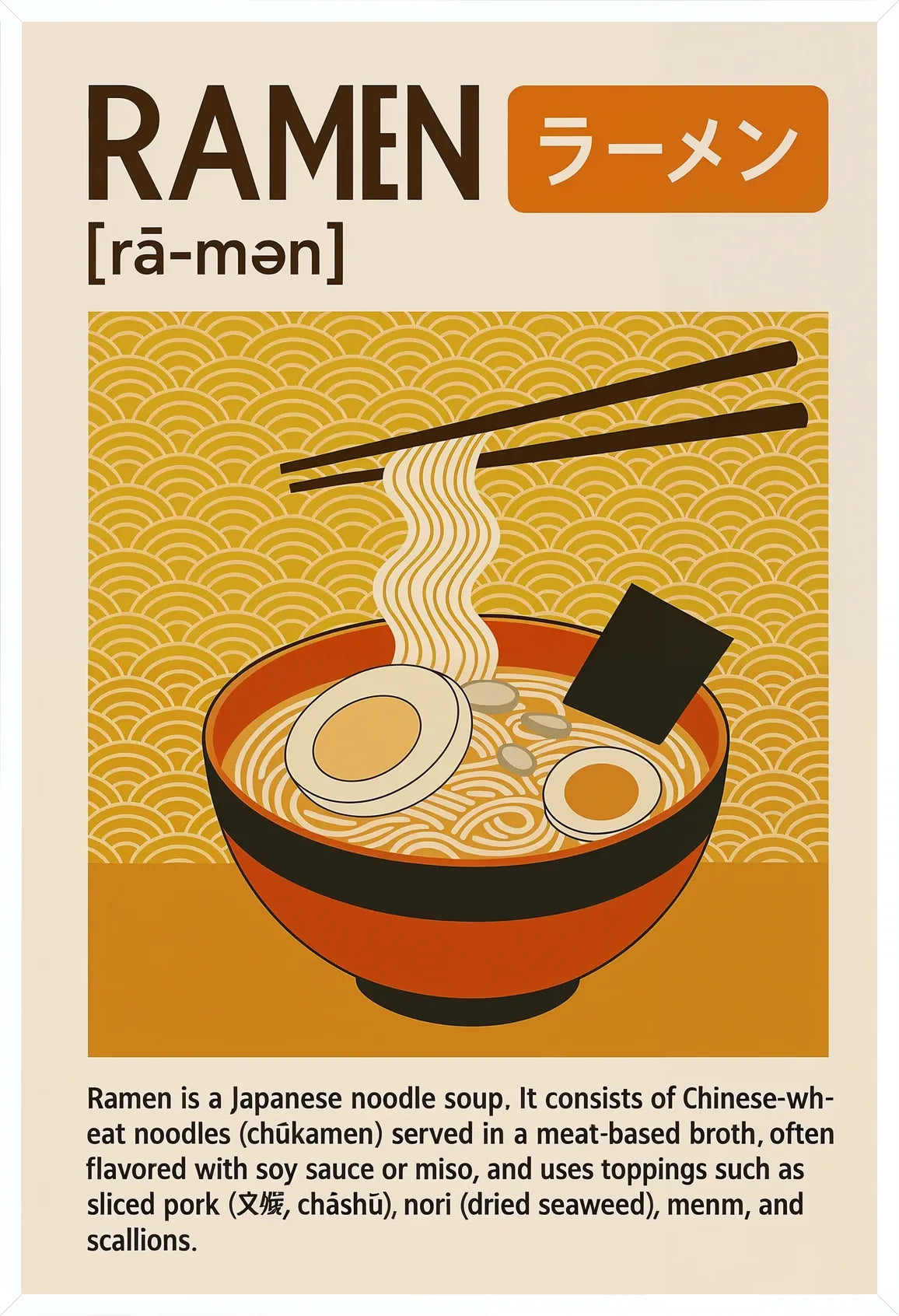 Cadre blanc epure presentant l'affiche ramen japonais retro