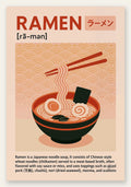 Affiche ramen cuisine, bol japonais fumant et baguettes sur fond terracotta seigaiha