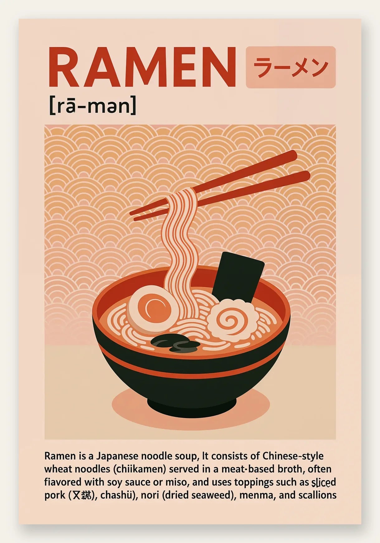 Affiche ramen cuisine, bol japonais fumant et baguettes sur fond terracotta seigaiha
