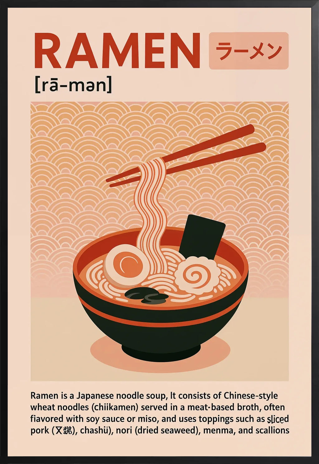 Encadrement noir mat autour du bol de ramen et des baguettes