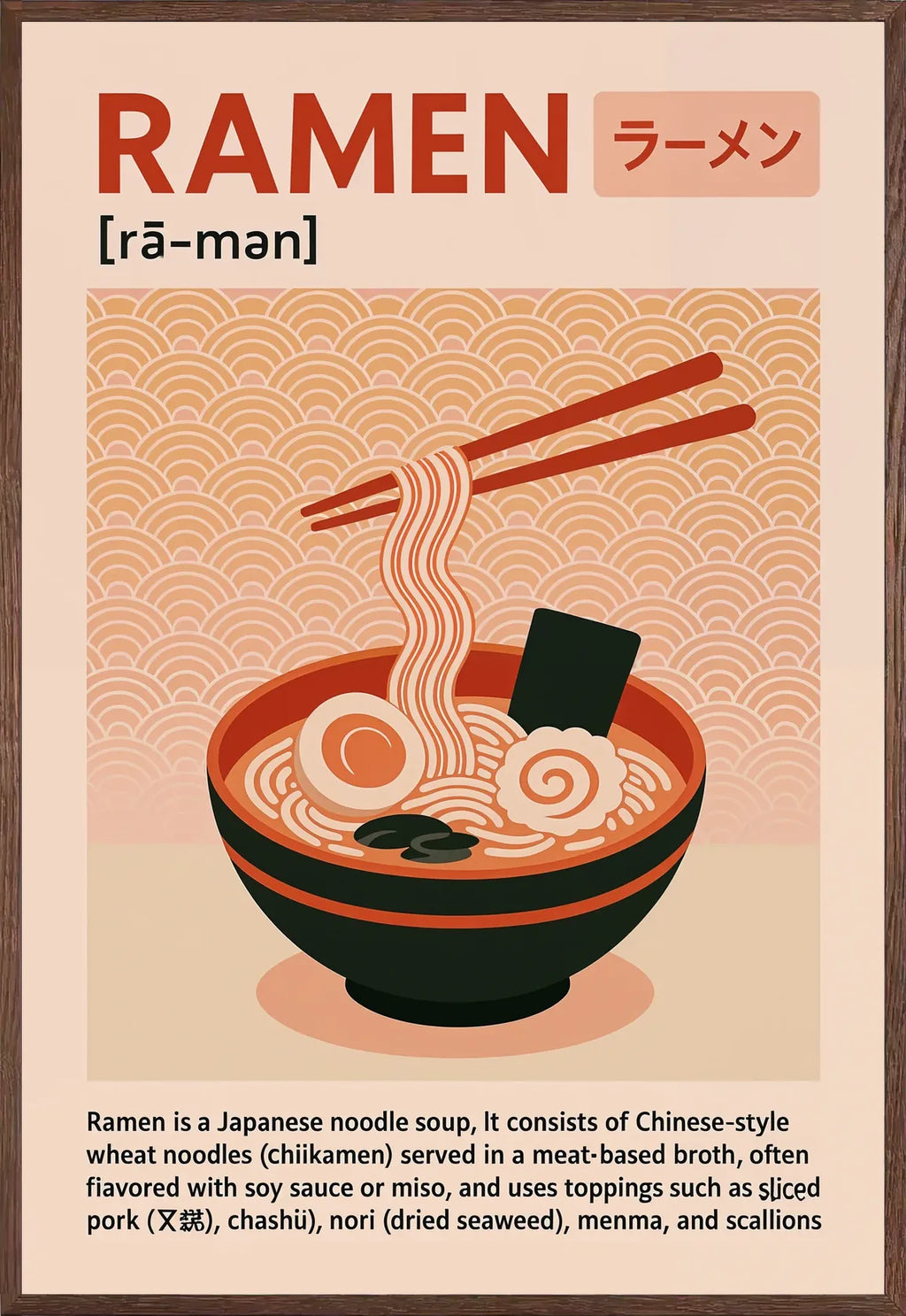 Cadre chene clair entourant l'affiche ramen japonais terracotta