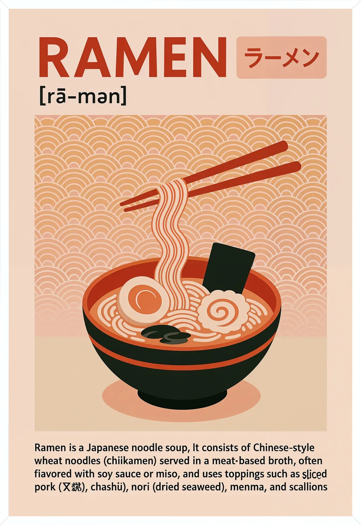 Cadre blanc epure presentant l'affiche ramen japonais terracotta