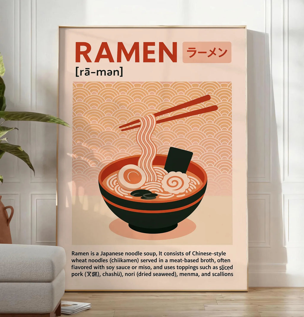 Reproduction affiche ramen cuisine, posee au sol dans un salon minimaliste clair, a cote d'un canape beige et d'une plante verte, sur un parquet clair