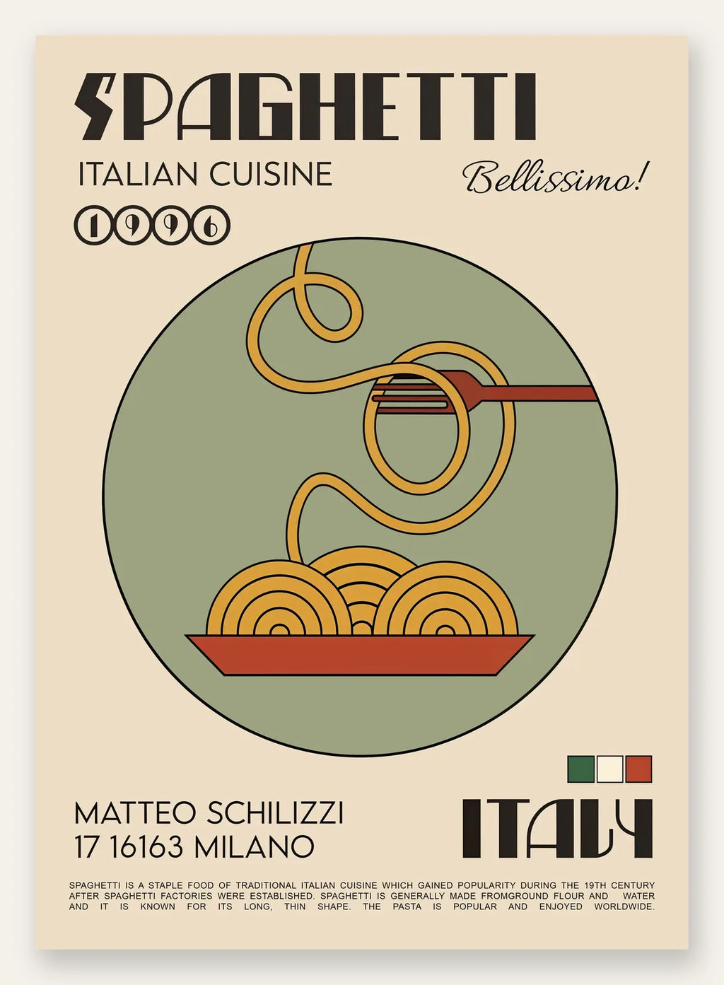 Affiche spaghetti mid-century, fourchette enroulant des pates au-dessus d'une assiette rouge