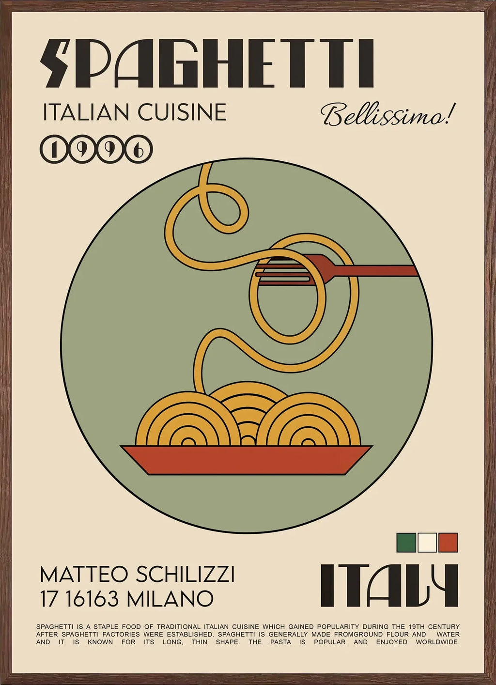 Cadre chene clair entourant l'affiche spaghetti cuisine italienne