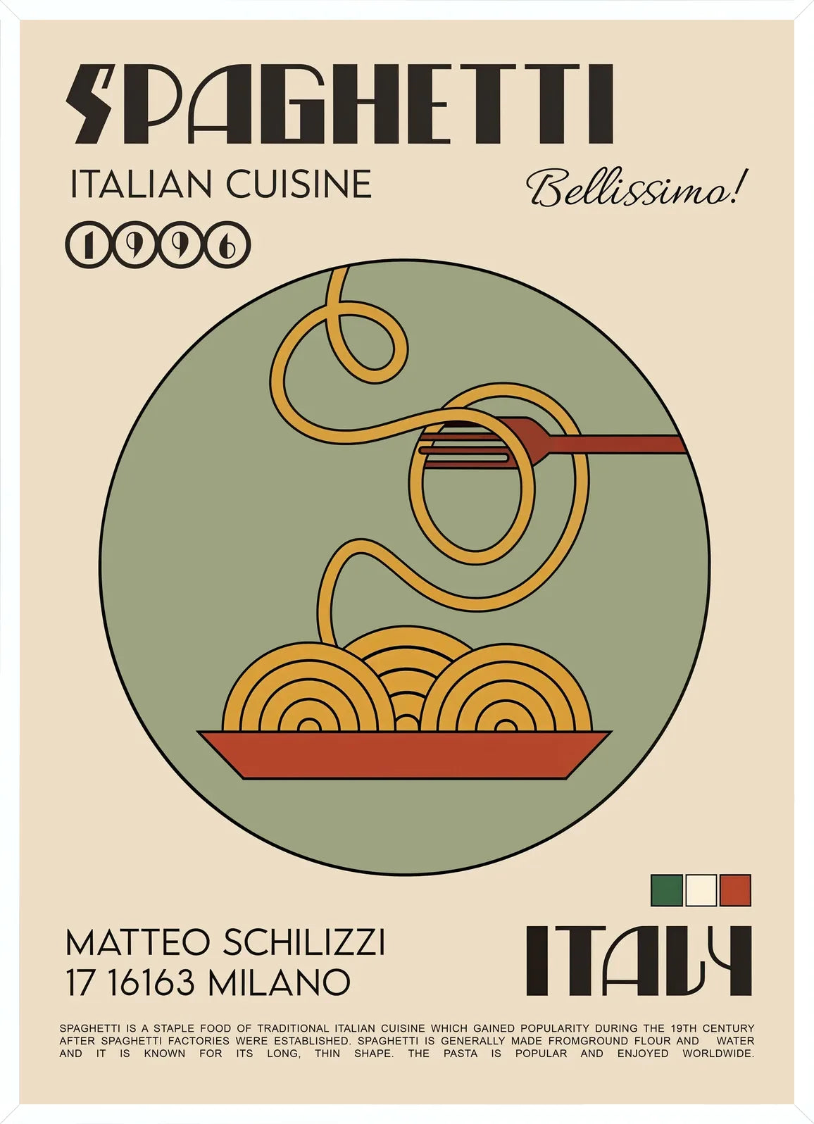Cadre blanc epure presentant l'affiche spaghetti mid-century