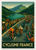 Peloton de cyclistes longe un lac de montagne, palette bleu de cobalt, terracotta et ocre jaune