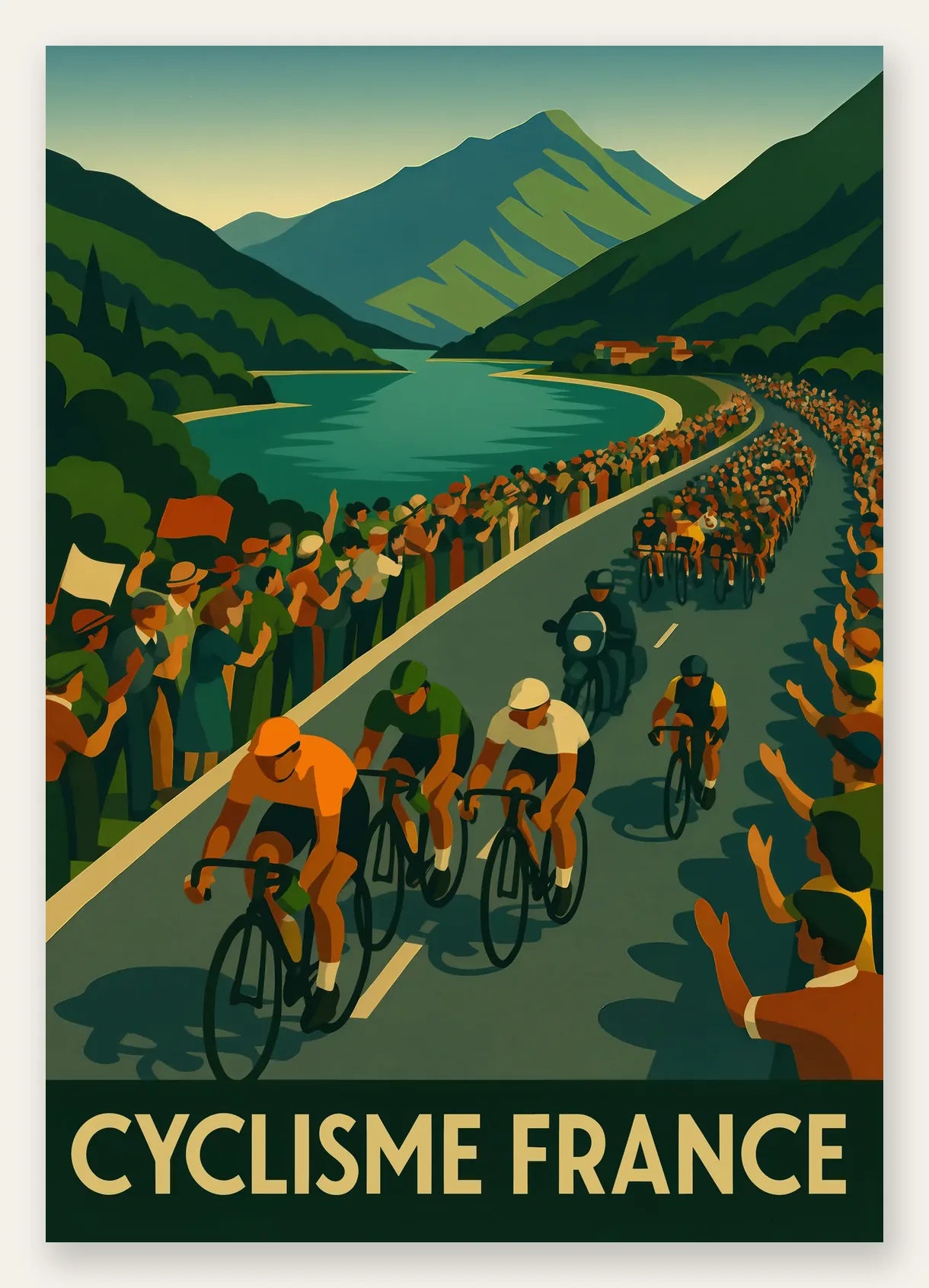 Peloton de cyclistes longe un lac de montagne, palette bleu de cobalt, terracotta et ocre jaune