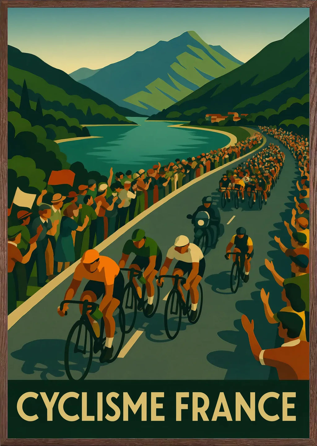 Framed oak, peloton de cyclistes encadré en chêne clair, finition mate