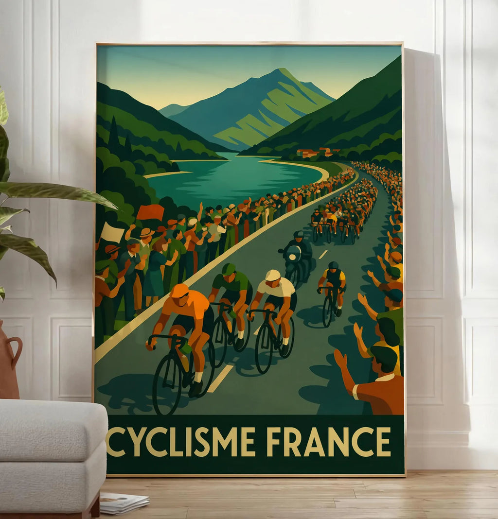 Reproduction peloton de cyclistes longe un lac de montagne, posee au sol dans un salon minimaliste clair, a cote d'un canape beige et d'une plante verte, sur un parquet clair