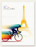 Cycliste stylisé en silhouette filée, palette ocre jaune, bleu de cobalt et vermillon