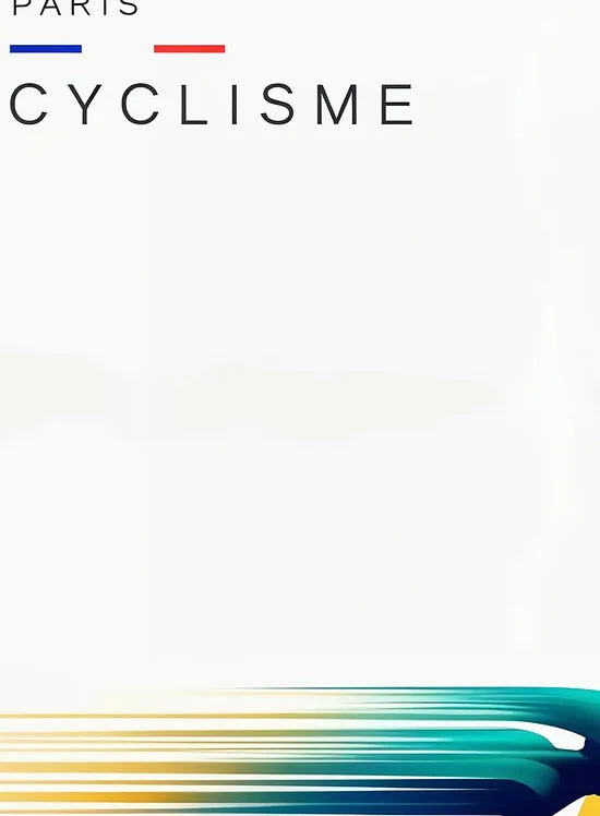 Gros plan sur la silhouette du cycliste, les bandes de vitesse horizontales et le grain du papier 275 g/m2 visibles
