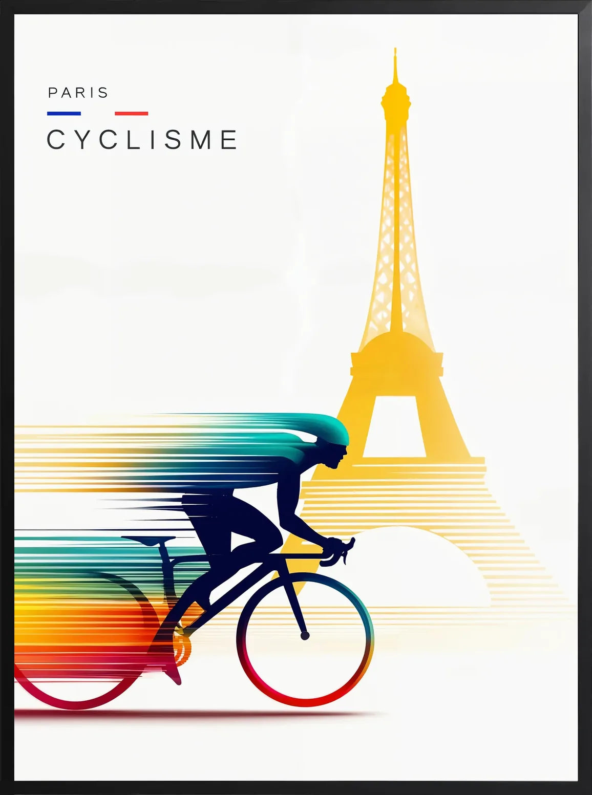 Cycliste en silhouette filée encadré noir mat, graphisme art-deco