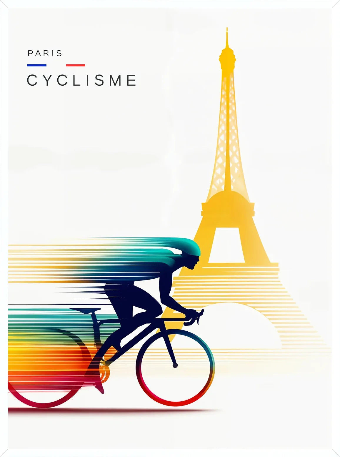 Silhouette dans cadre blanc fin, composition minimaliste avec Tour Eiffel jaune