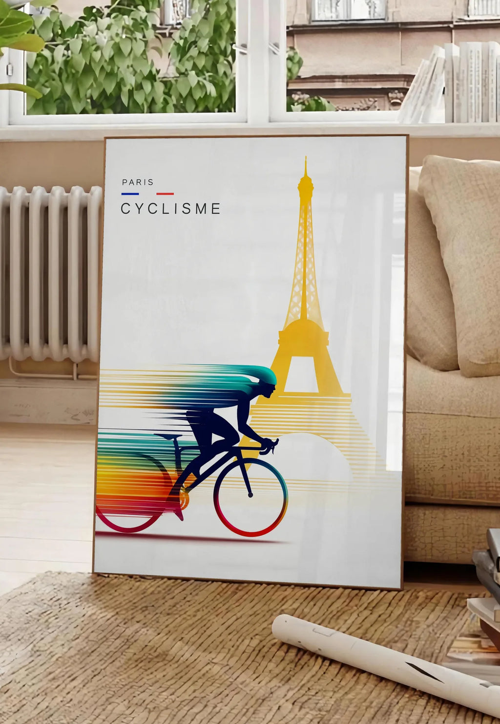 Poster cycliste stylisé en silhouette filée, posee au sol dans un salon parisien, devant une grande fenetre donnant sur un immeuble haussmannien, entre un ficus et un canape creme