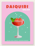 Affiche cocktail Daiquiri fraise, verre coupe rouge, menthe et arche vert menthe