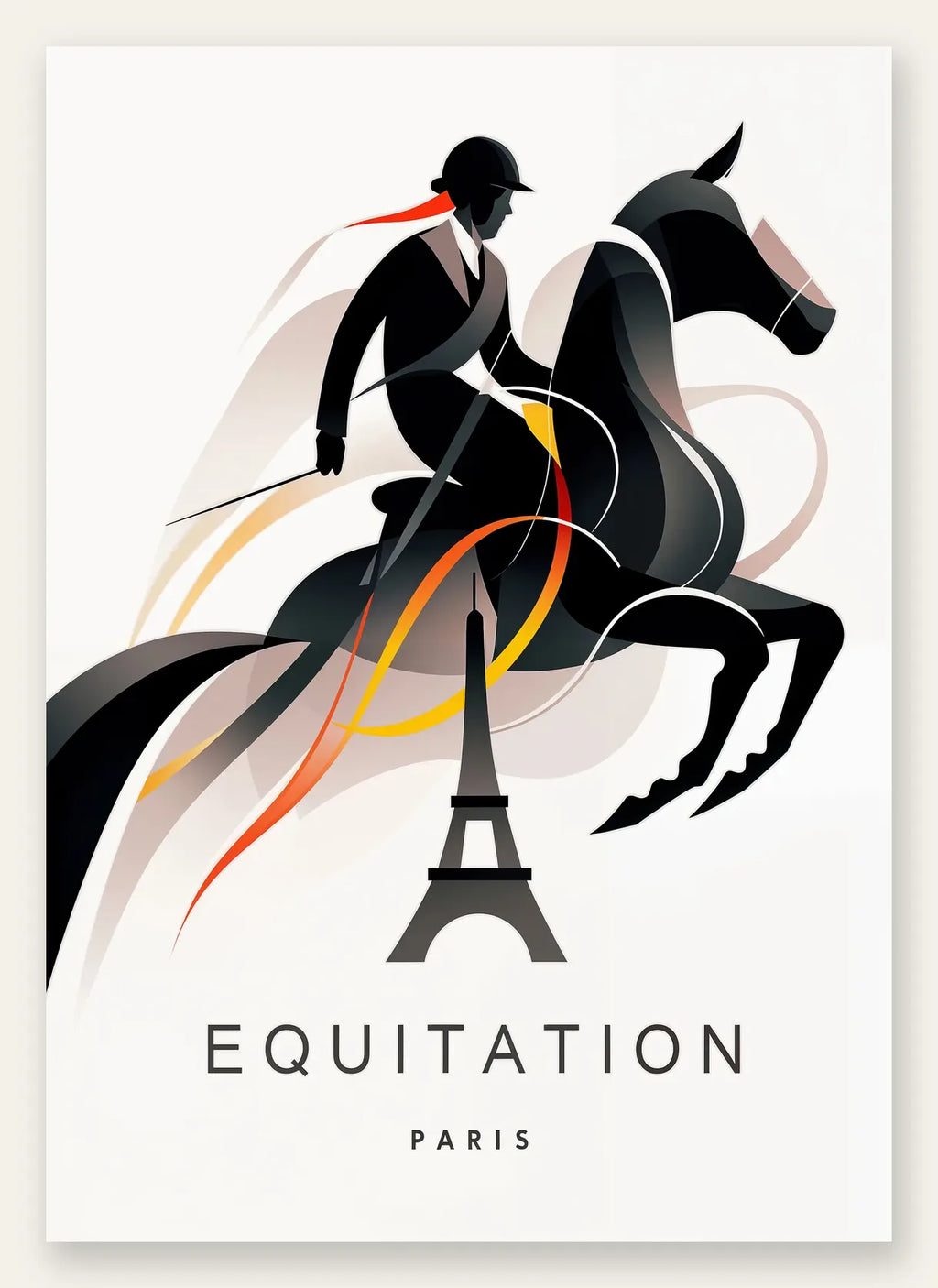Affiche equitation Paris, cavalier silhouette sur un cheval au saut et tour Eiffel