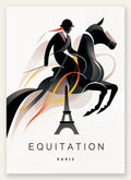 Affiche equitation Paris, cavalier silhouette sur un cheval au saut et tour Eiffel