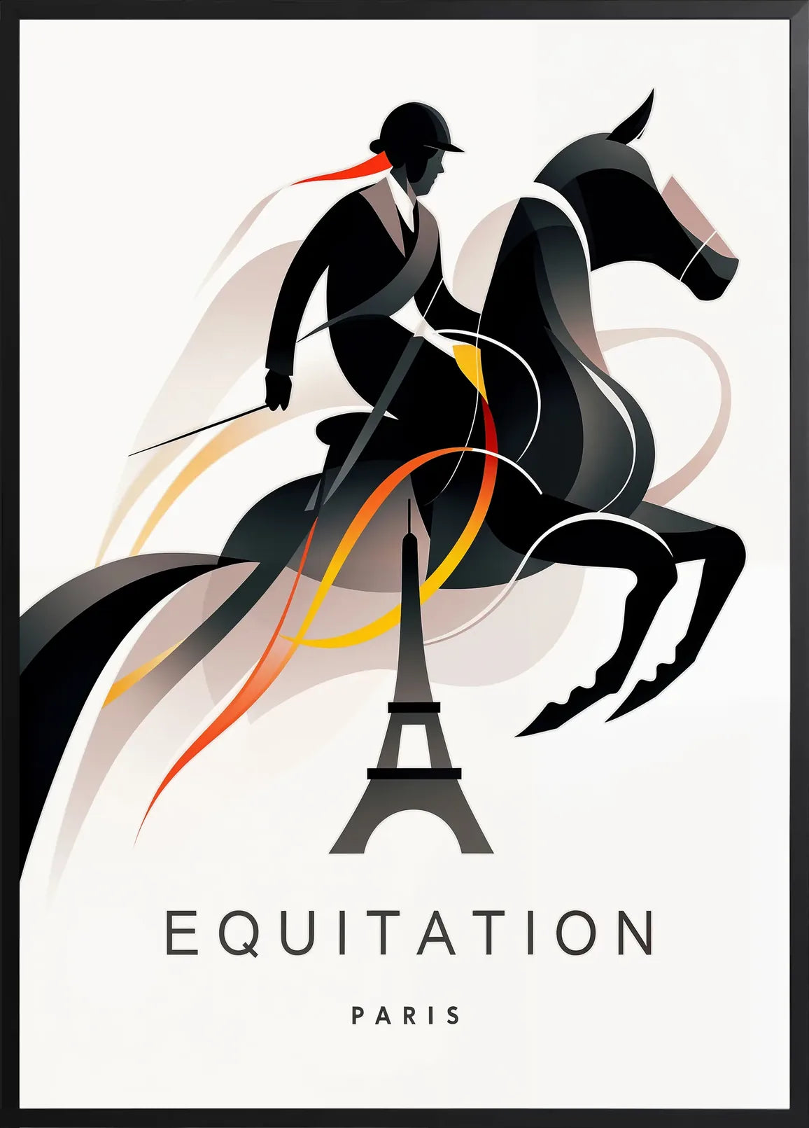 Encadrement noir mat autour du cavalier et du cheval cabre