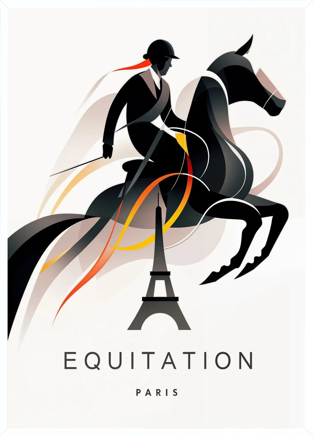 Cadre blanc epure presentant l'affiche equitation Paris art deco