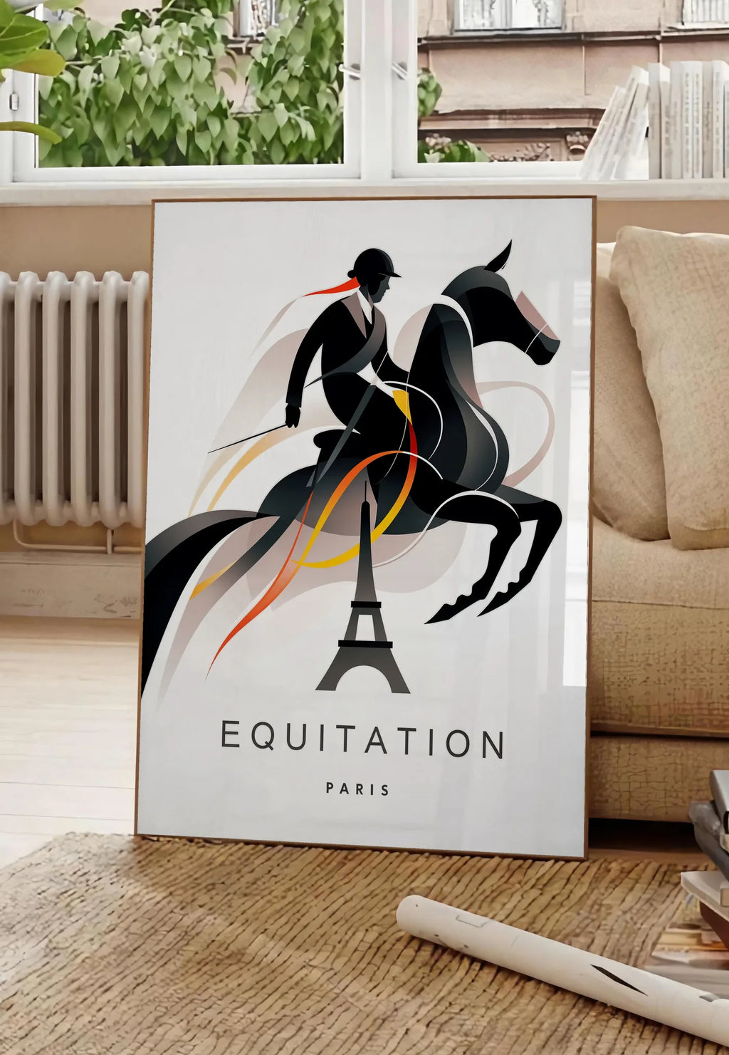 Poster affiche equitation Paris, posee au sol dans un salon parisien, devant une grande fenetre donnant sur un immeuble haussmannien, entre un ficus et un canape creme