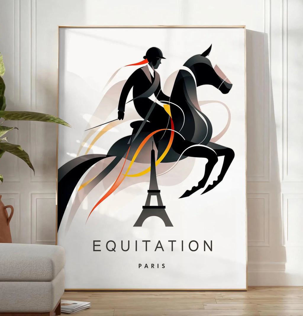 Reproduction affiche equitation Paris, posee au sol dans un salon minimaliste clair, a cote d'un canape beige et d'une plante verte, sur un parquet clair