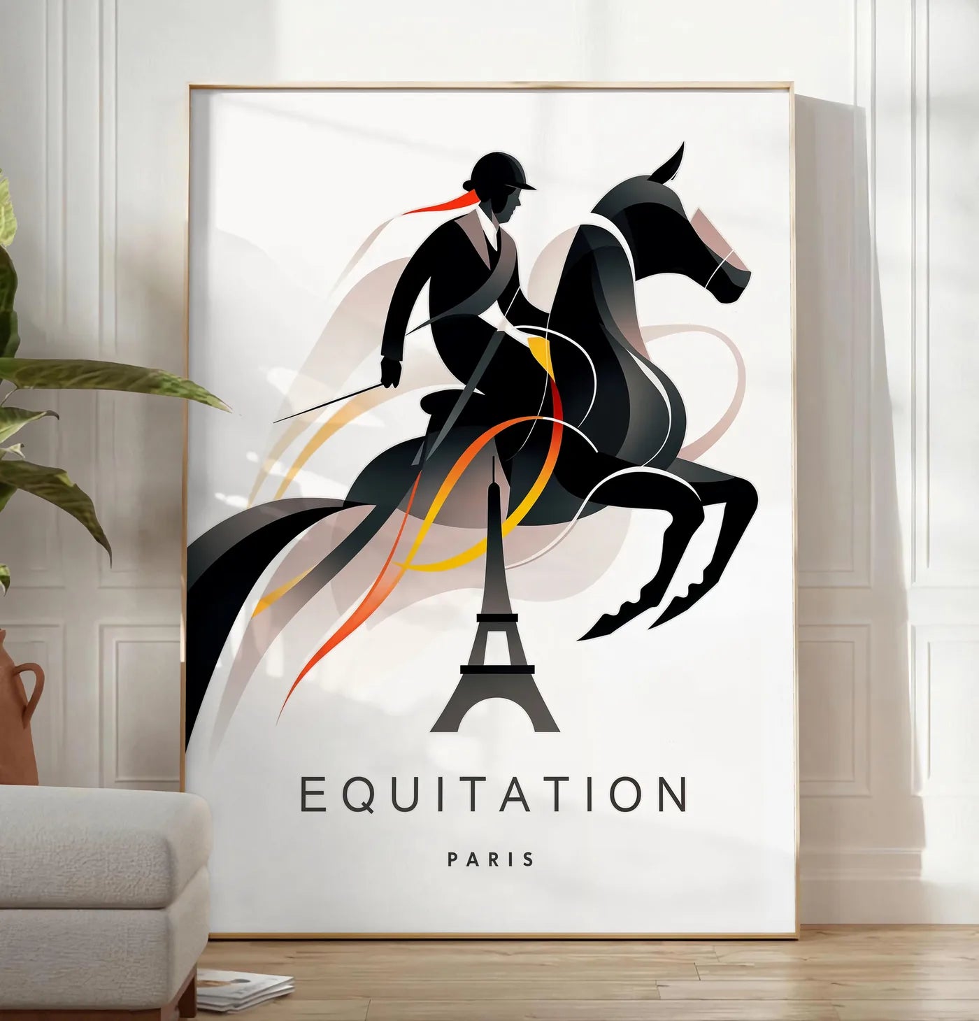Reproduction affiche equitation Paris, posee au sol dans un salon minimaliste clair, a cote d'un canape beige et d'une plante verte, sur un parquet clair