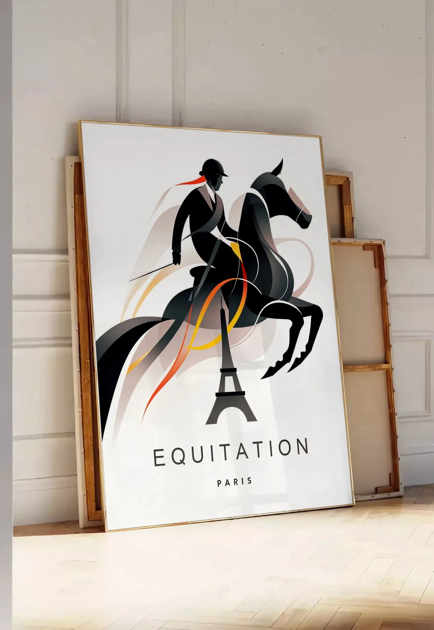 Tirage encadrable affiche equitation Paris, posee au sol dans une entree lumineuse, contre un mur a panneaux blancs, a cote de chassis en bois empiles