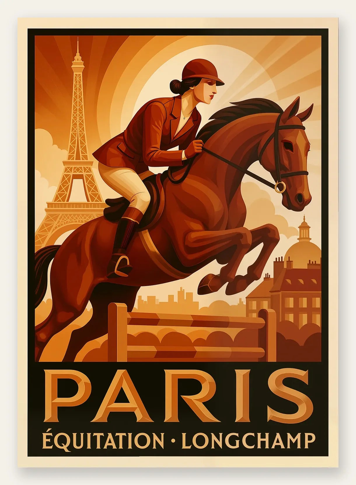 Cavalière et cheval devant la Tour Eiffel, palette ocre jaune, rouge brique et noir d'ivoire, rayons de soleil stylisés