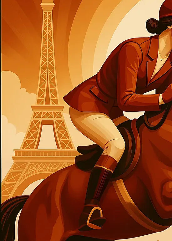 Gros plan sur la cavalière et le cheval, grain du papier 275 g/m² et détail des rayons de soleil stylisés