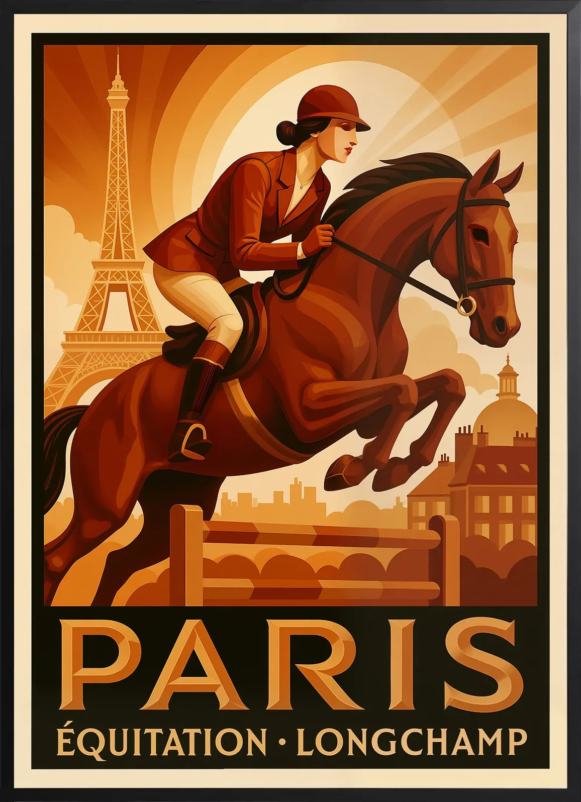 Dessinée en noir d'ivoire et rouge brique, la cavalière encadrée noir mat, effet typographique en capitales sculptées