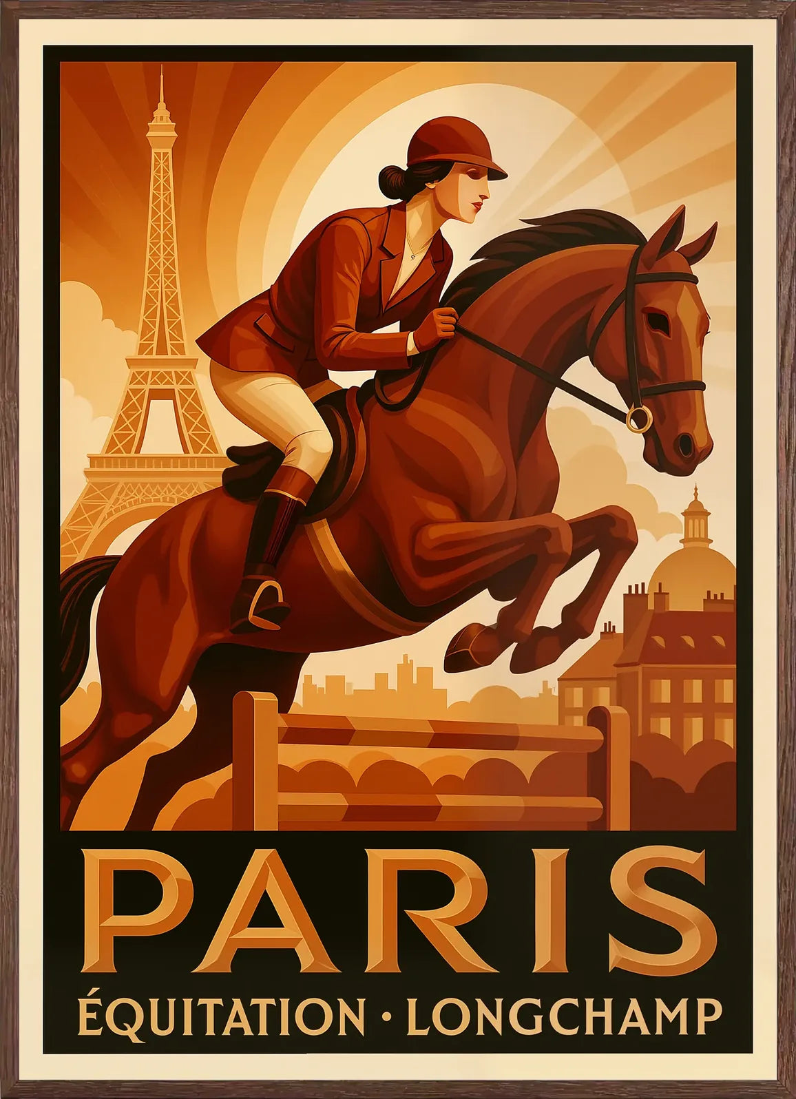Encadrée en chêne clair, la cavalière et le cheval sautant un obstacle devant la Tour Eiffel, finition mate