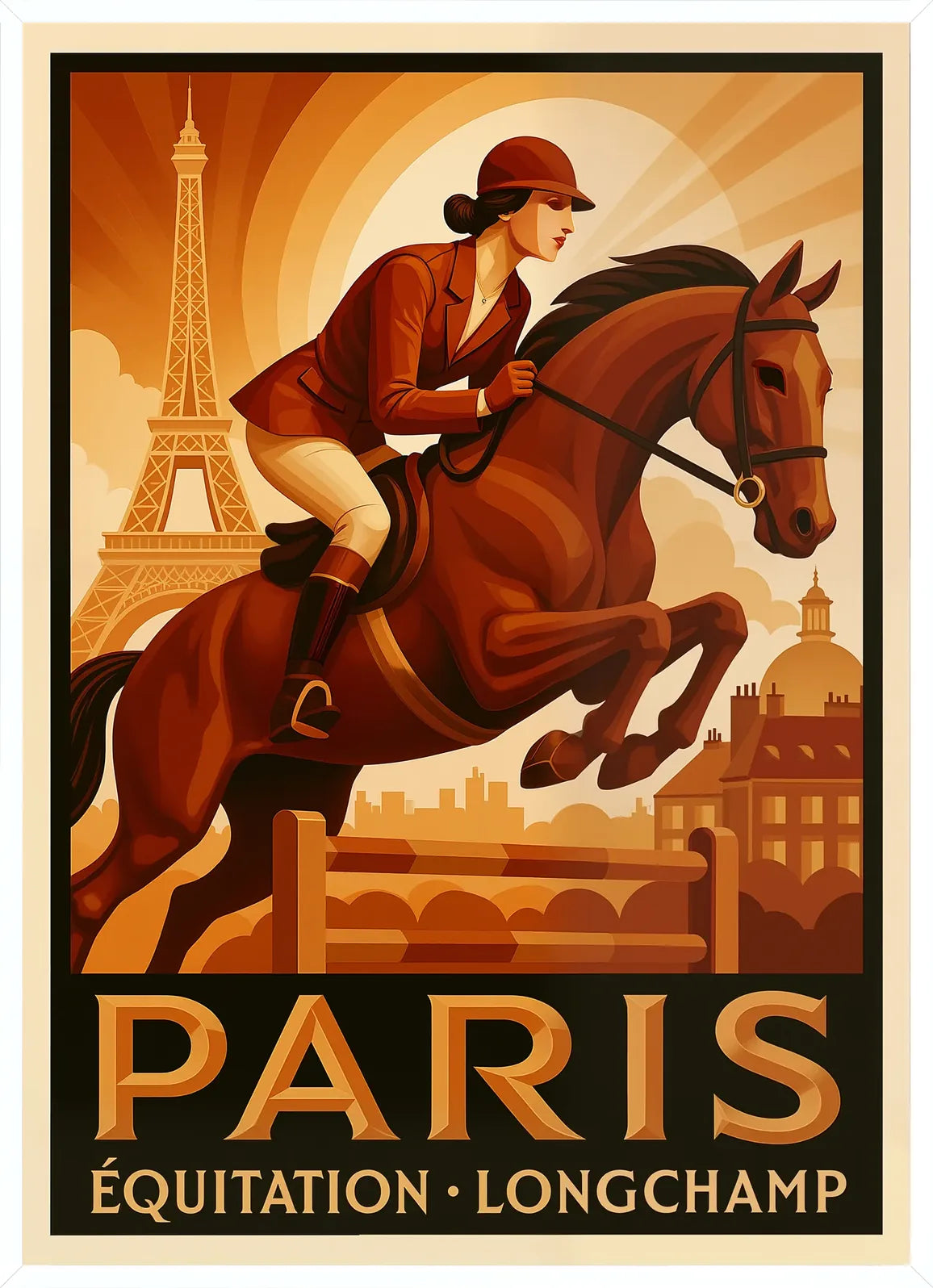 Sous un cadre blanc fin, la cavalière et le cheval contrastent avec la Tour Eiffel et les rayons stylisés