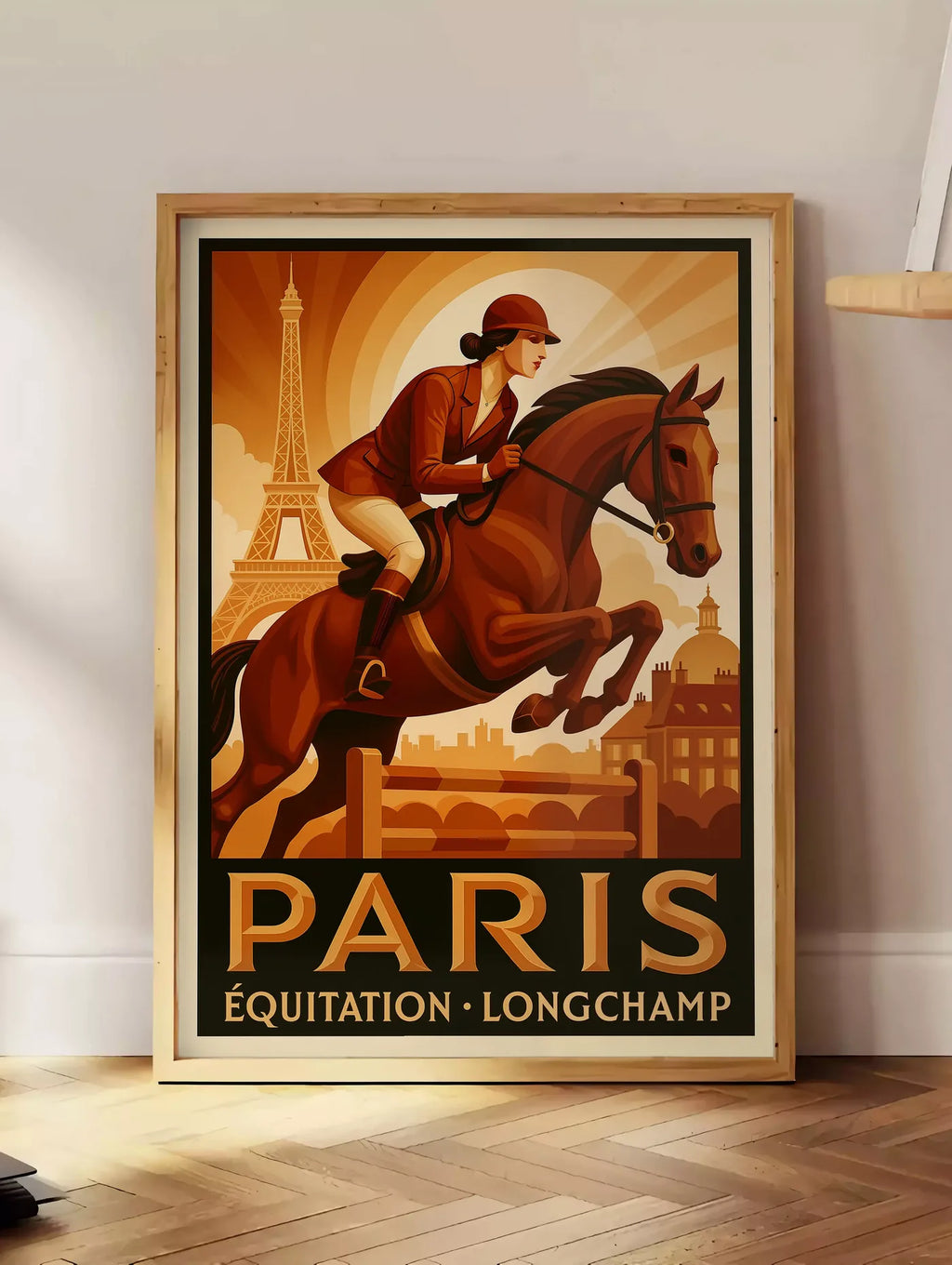 Estampe cavalière et cheval devant la Tour Eiffel, posee au sol dans un coin salon, sur un parquet a chevrons, pres d'une table d'appoint en chene chargee de livres
