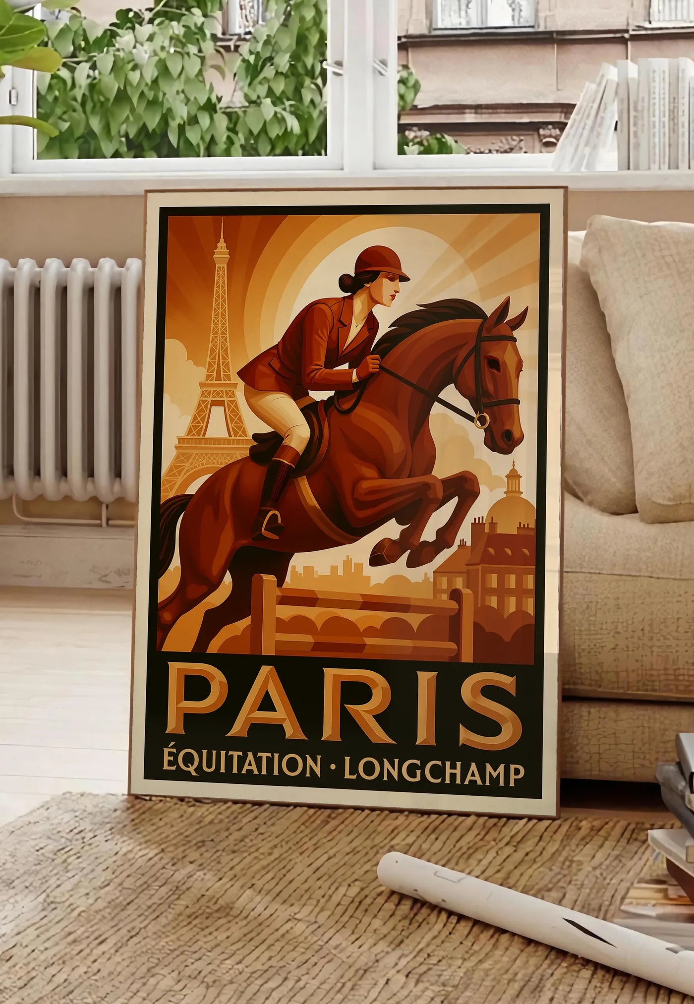 Poster cavalière et cheval devant la Tour Eiffel, posee au sol dans un salon parisien, devant une grande fenetre donnant sur un immeuble haussmannien, entre un ficus et un canape creme