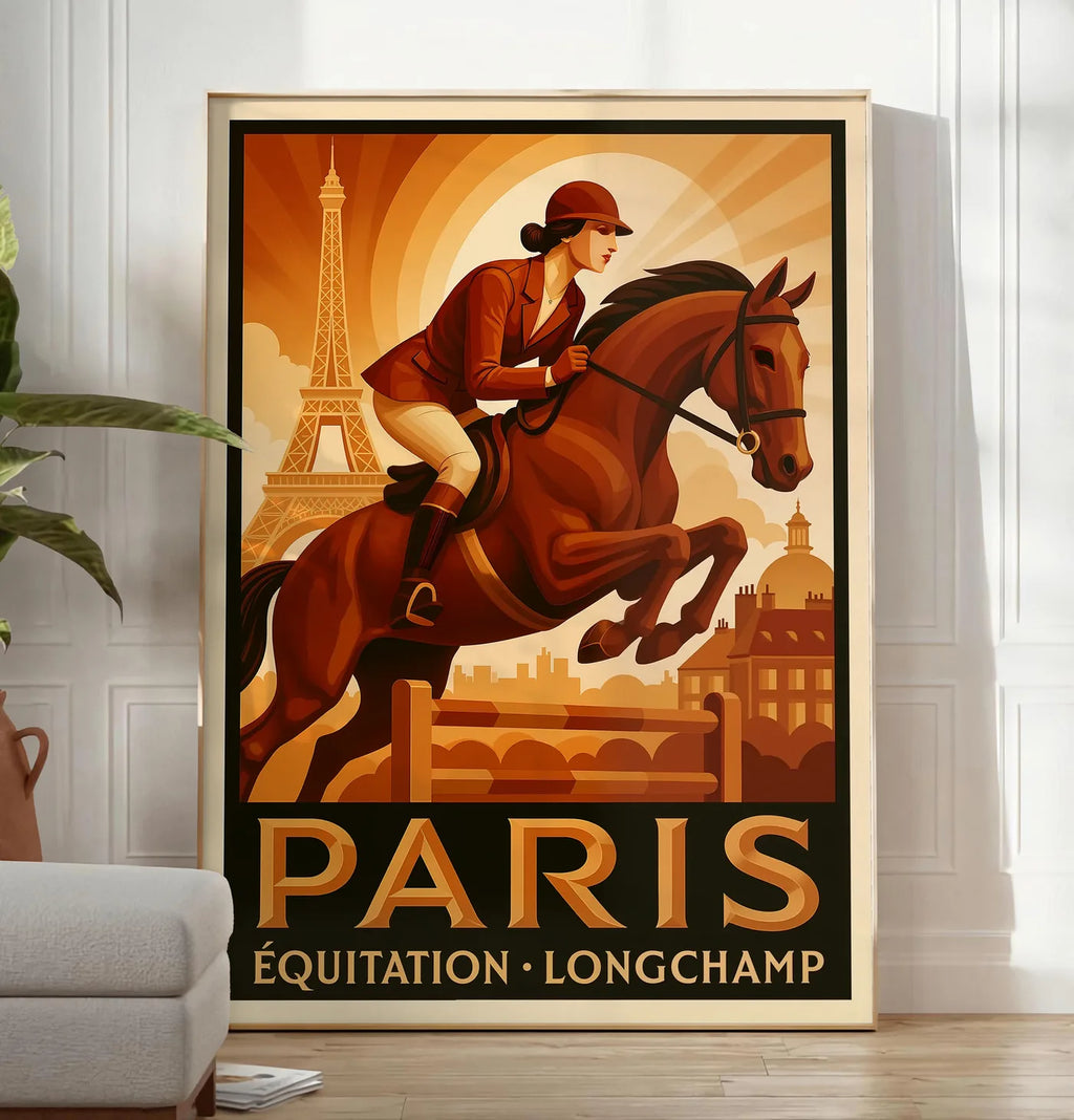 Reproduction cavalière et cheval devant la Tour Eiffel, posee au sol dans un salon minimaliste clair, a cote d'un canape beige et d'une plante verte, sur un parquet clair