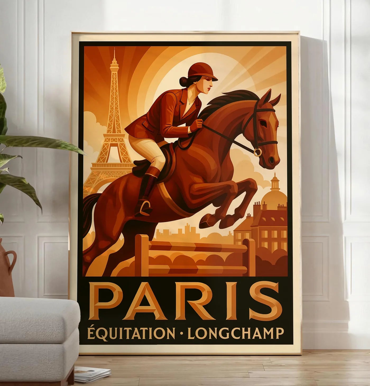 Reproduction cavalière et cheval devant la Tour Eiffel, posee au sol dans un salon minimaliste clair, a cote d'un canape beige et d'une plante verte, sur un parquet clair